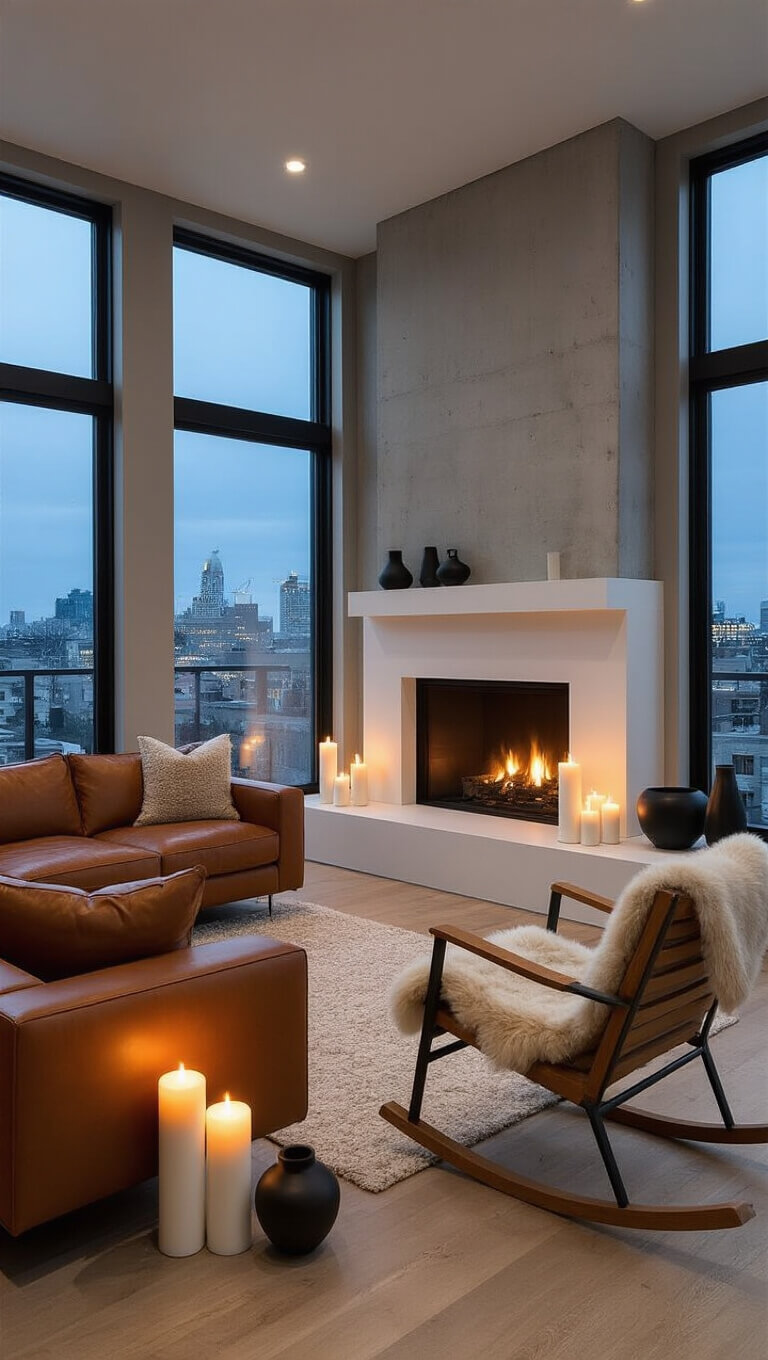 Cozy modern living room at dusk with cognac leather sofa, concrete fireplace, black metal-frame windows showing city lights, candlelight, sheepskin-draped rocking chair, and floating oak shelves with matte black pottery.