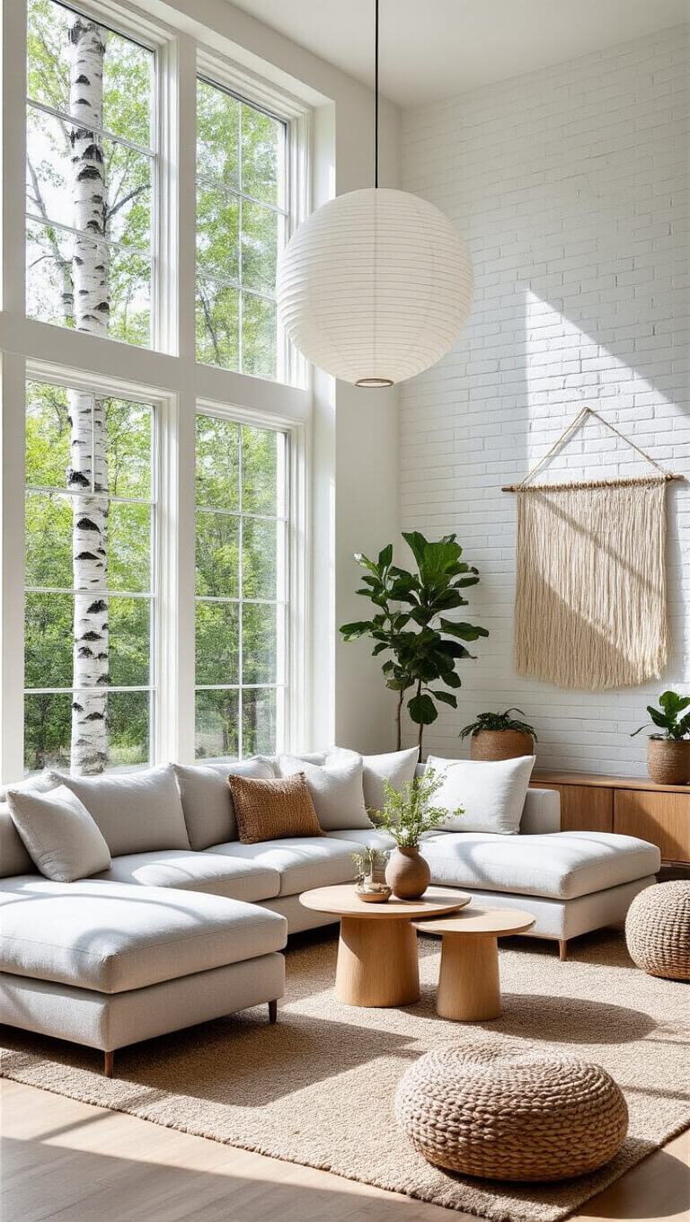 Bright corner living room with double-height windows, pale gray mid-century sectional, bleached oak nesting tables, and organic textures like a wool pouf, wall hanging, and ceramic planters.