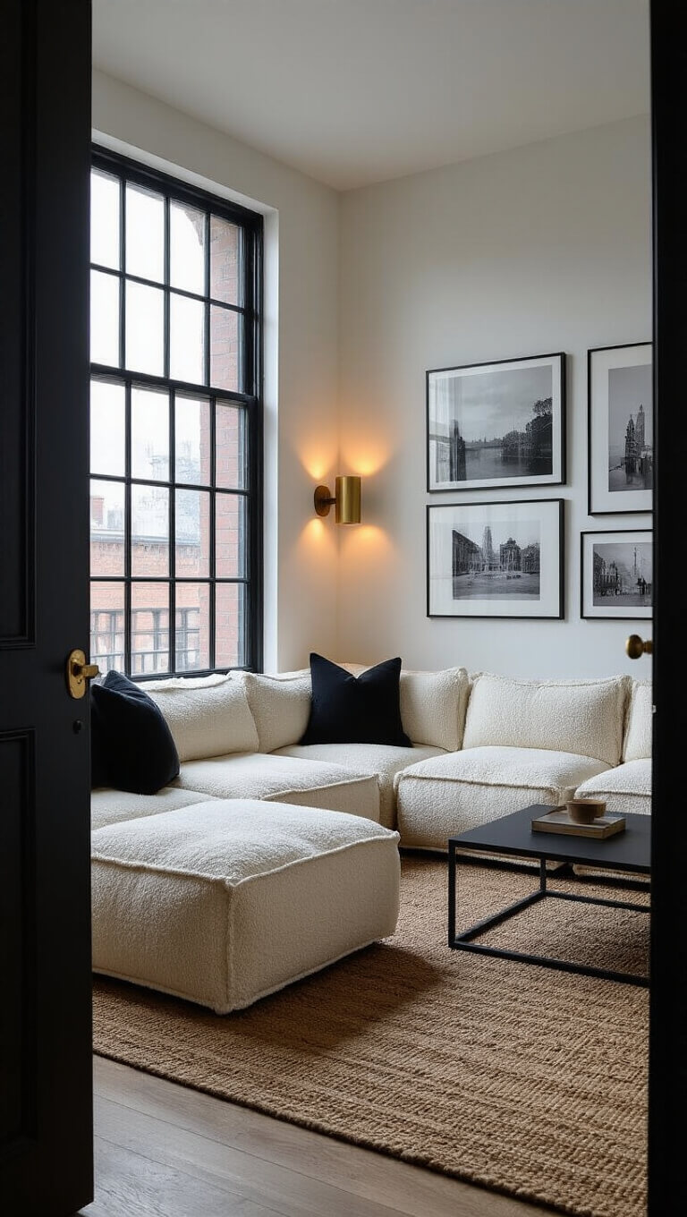 Compact urban living room with ivory bouclé modular sofa, industrial black-framed windows, layered textured rugs, black and white photo gallery wall, and brass-accented lighting at twilight.
