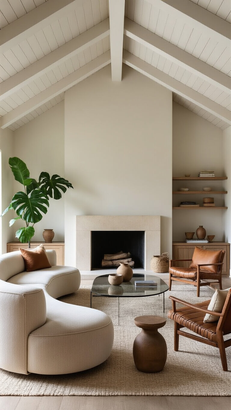 Square 18x18ft living room with pitched ceiling and exposed white beams, centered limestone fireplace, oak shelving, beige curved sofa, leather chairs, smoked glass table, and large monstera plant.