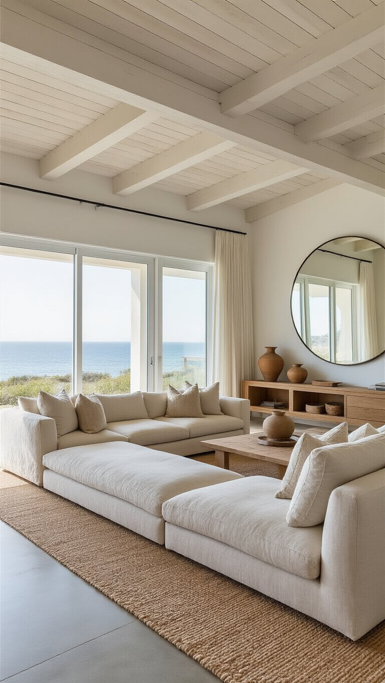 Linear 25x15ft coastal living room with floor-to-ceiling glass doors, pale sand linen sofa, oak media unit, textured cushions, pottery accents, and natural fiber rug on polished concrete floors.