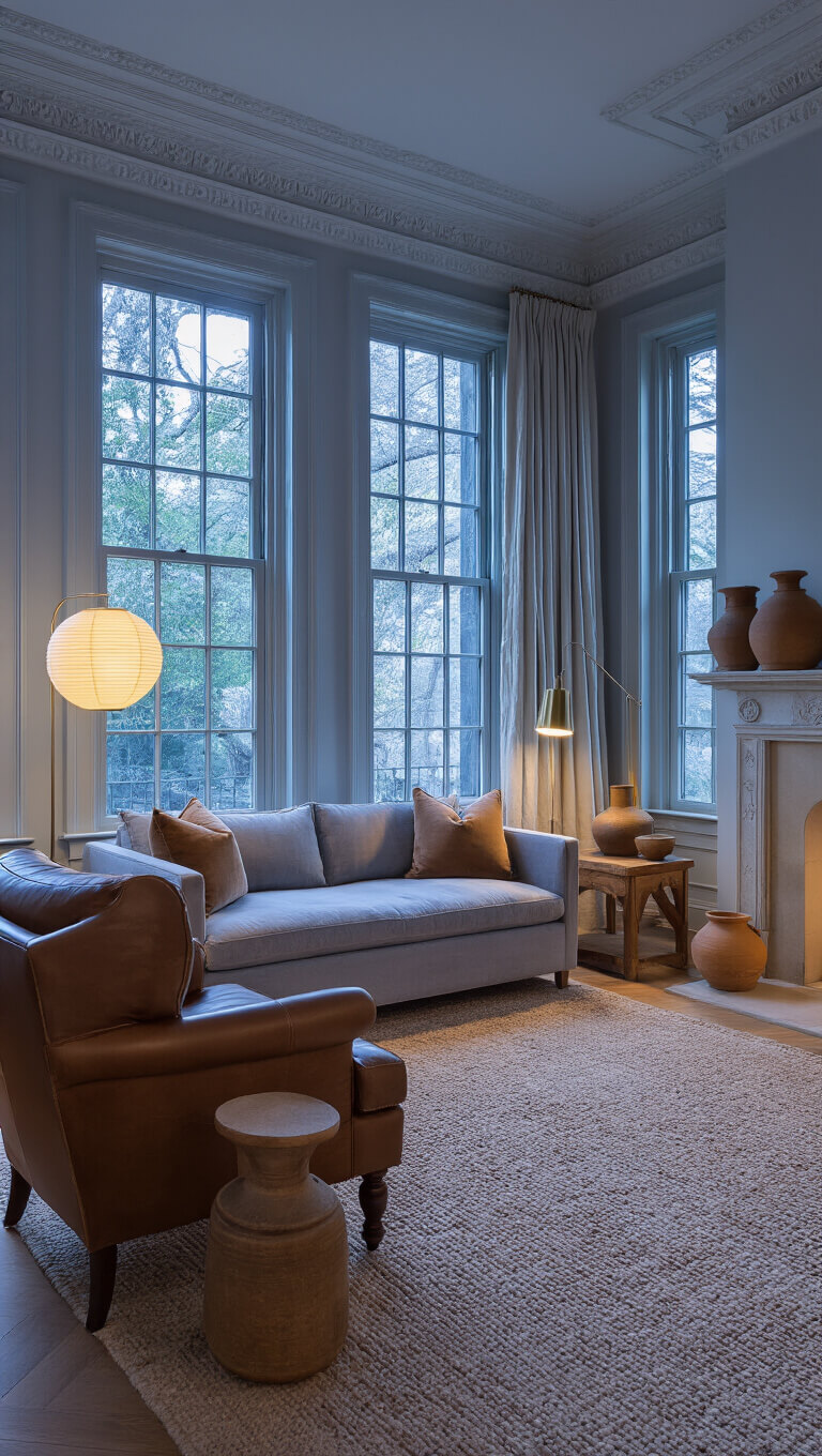 Cozy 14x16ft living room at blue hour with restored crown molding, tall windows, modern pale limestone hearth, gray velvet sofa, vintage leather armchair, wool rug, linen curtains, earthenware decor, and soft lighting from paper lantern and brass lamp.