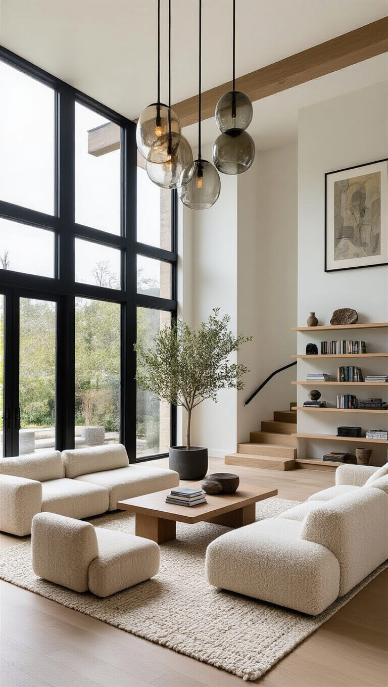 Open-concept double-height living area with black-framed windows, floating staircase, modular oatmeal bouclé seating, geometric rug, oak shelving, smokey glass pendant lights, and potted olive tree, viewed from mezzanine in morning light.
