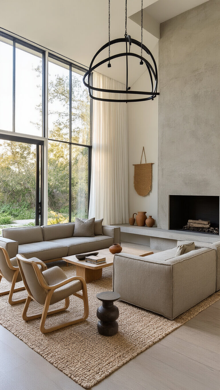 Contemporary 16x14ft living room at golden hour with panoramic windows, greige leather sofa, curved oak chairs, concrete fireplace, artistic ceramics, and blackened steel chandelier.