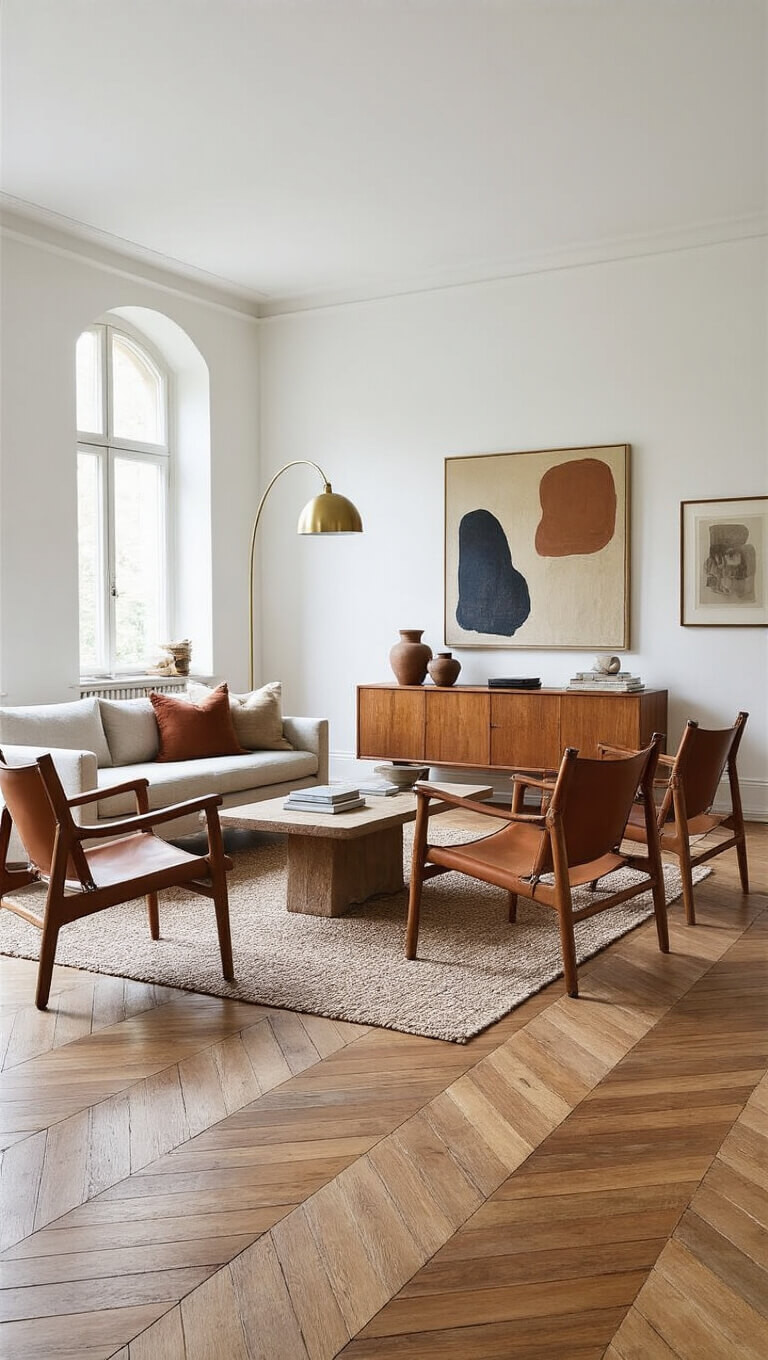 Midday photo of bright 18x22ft living room with parquet floors, Danish linen sofa, vintage cognac leather chairs, abstract art, oak credenza with ceramics, and brass floor lamp.