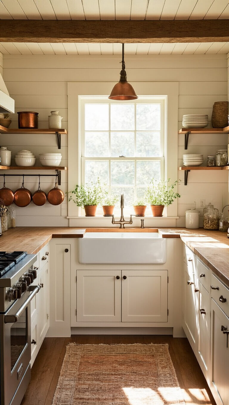 Sunlit 80 sq ft cabin kitchen with white shaker cabinets, butcher block countertops, copper pots, open shelving, and herbs on windowsill at golden hour.