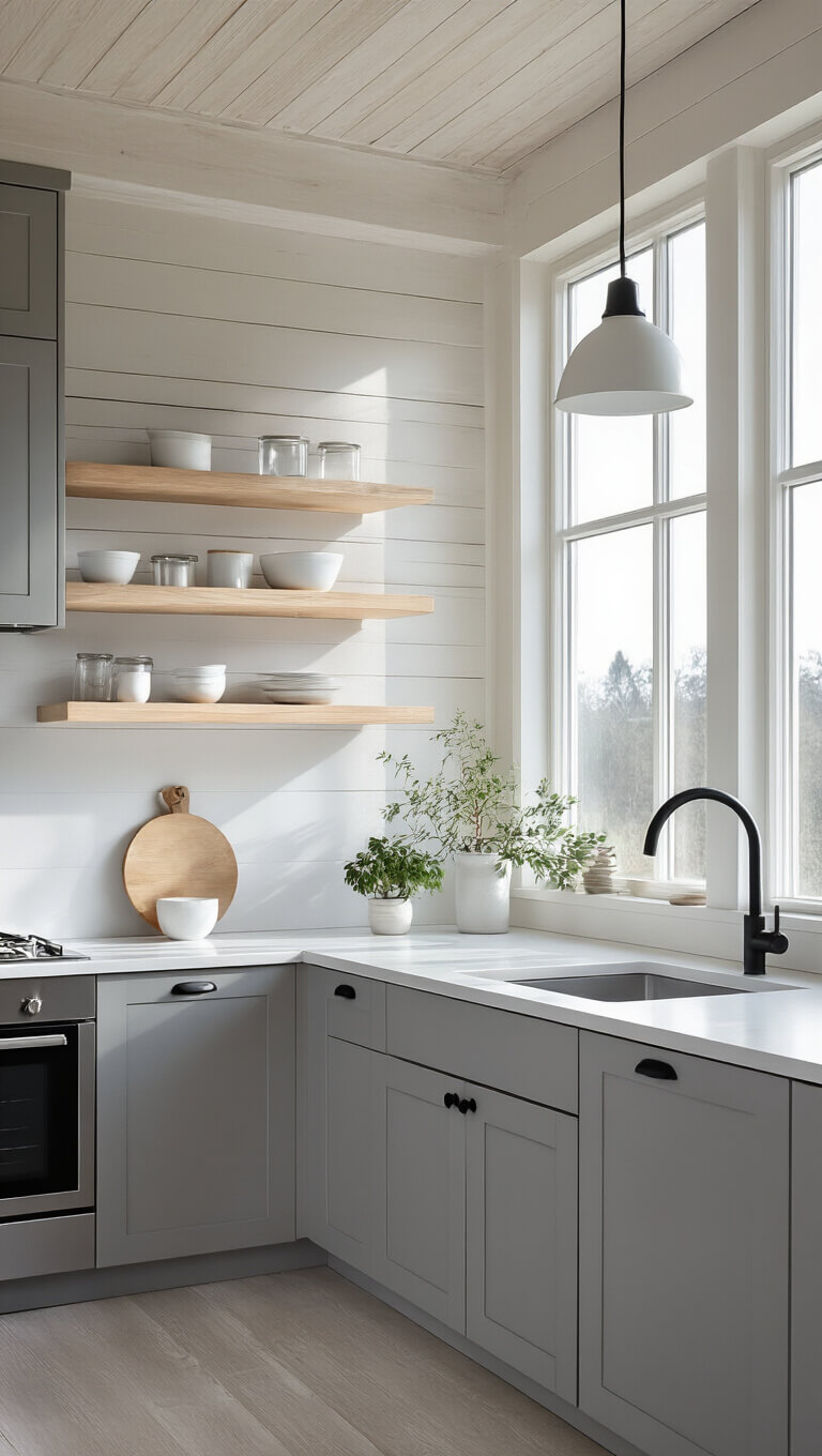 Scandinavian-style cabin kitchen at dawn with matte grey cabinets, white quartz countertops, birch shelves, and stainless steel appliances in soft natural light.