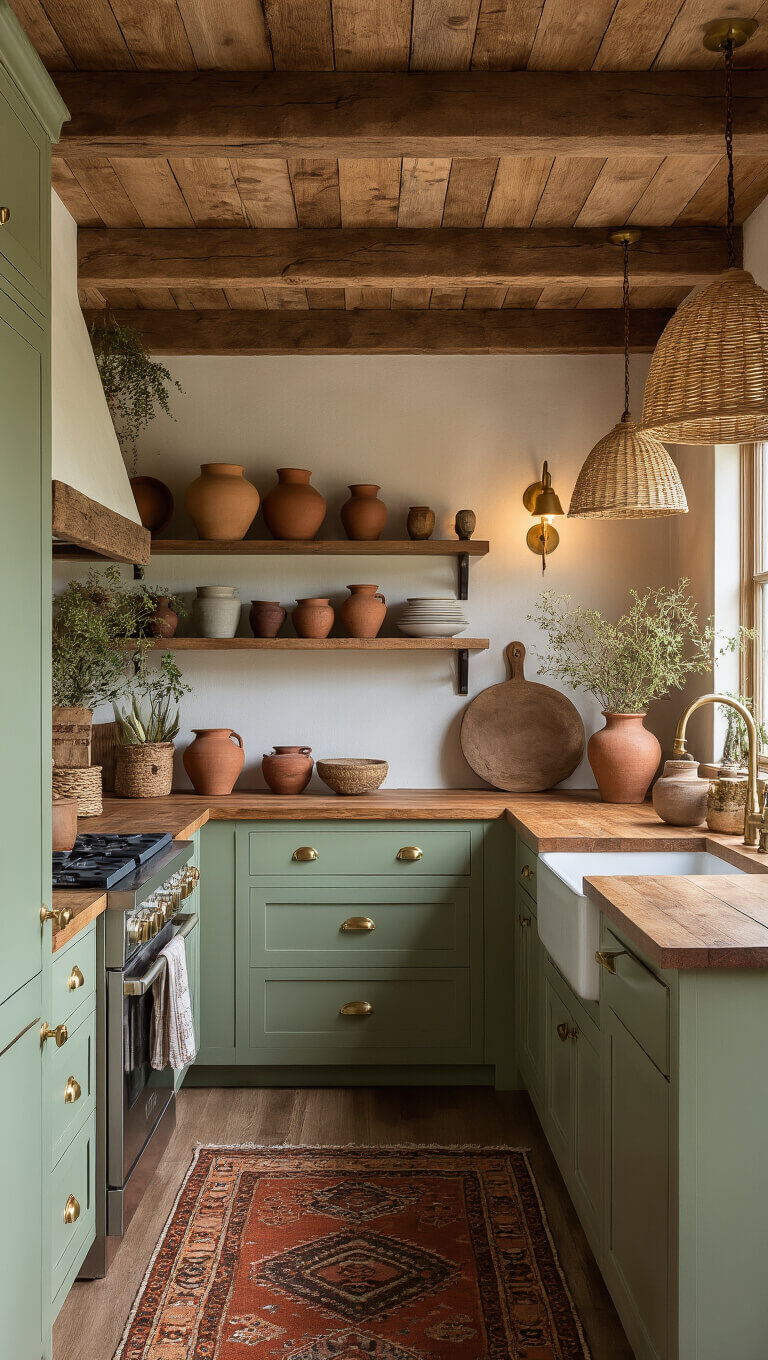 Eclectic cabin kitchen corner at dusk with sage green cabinets, reclaimed wood counters, brass sconces, and pottery on open shelves.
