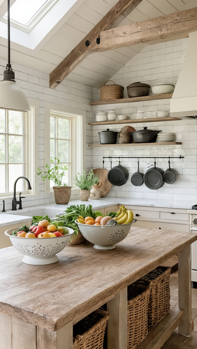 Overhead view of rustic farmhouse kitchen island with marble top, fresh produce in vintage colander, cream cabinets, cast iron cookware, and morning light from skylights.
