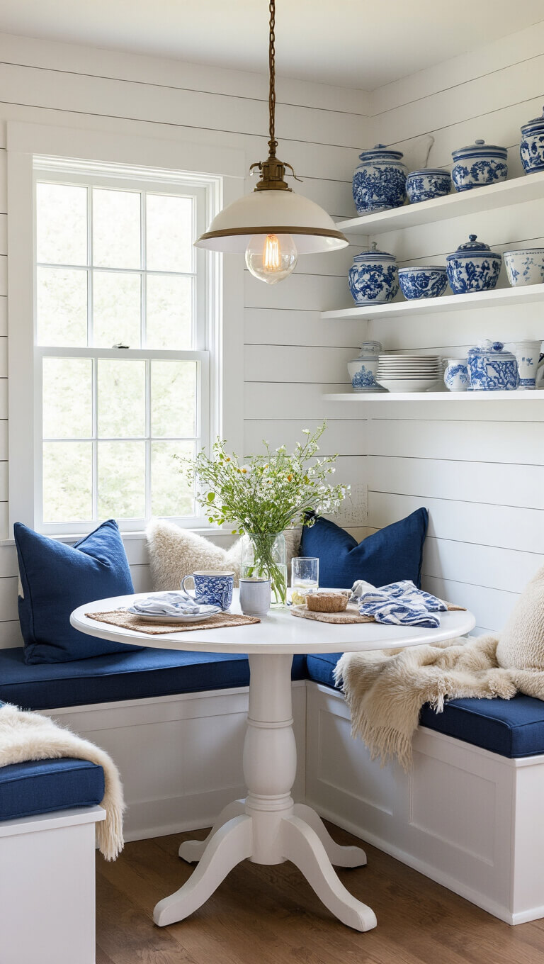 Cozy corner breakfast nook in small cabin kitchen with indigo cushions, sheepskin throws, vintage linens, and soft pendant lighting during blue hour.