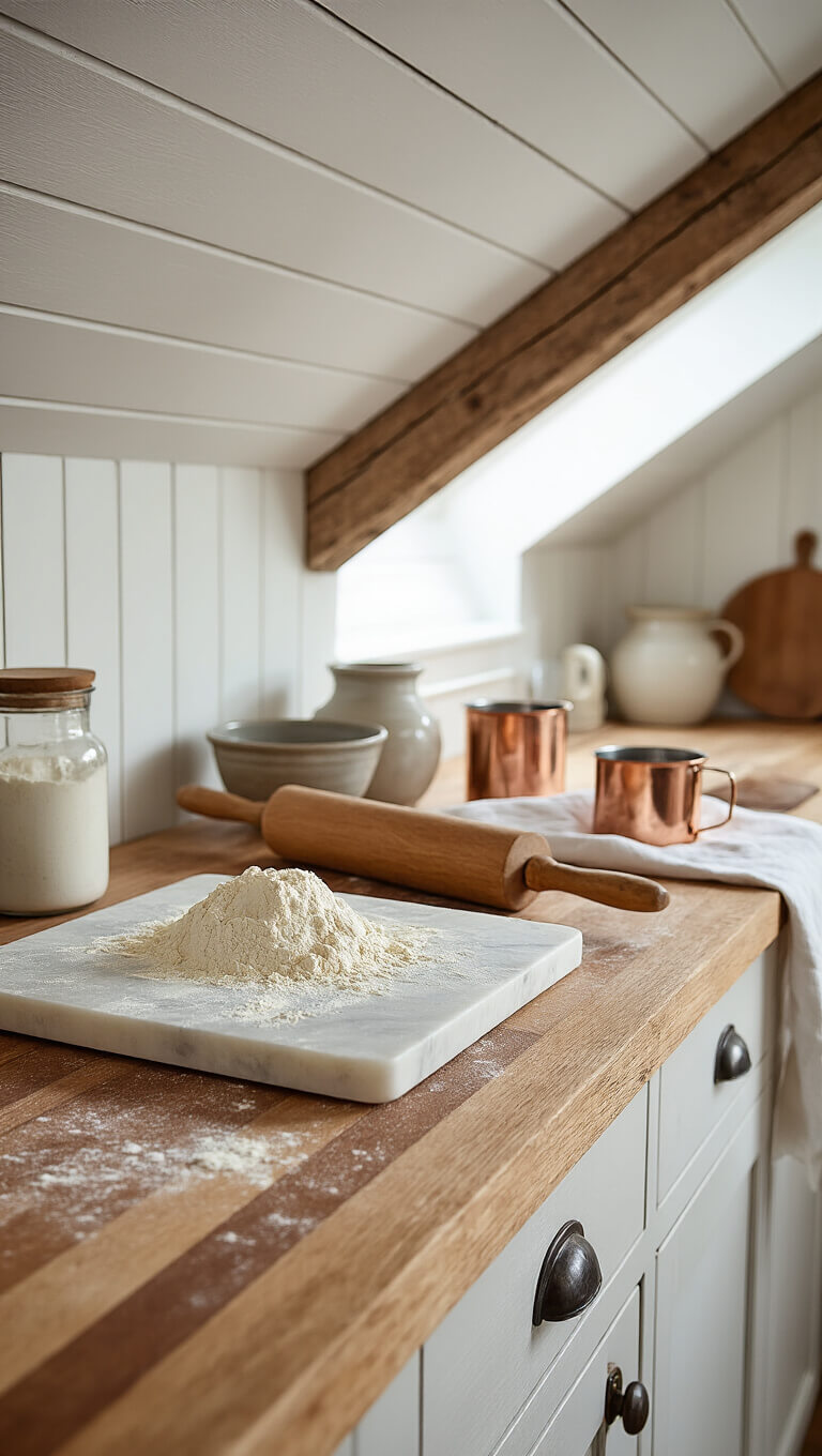 Close-up of rustic cabin kitchen prep area with flour-dusted marble pastry board, vintage rolling pin, earthenware bowl, and copper measuring cups on a butcher block counter in afternoon light.