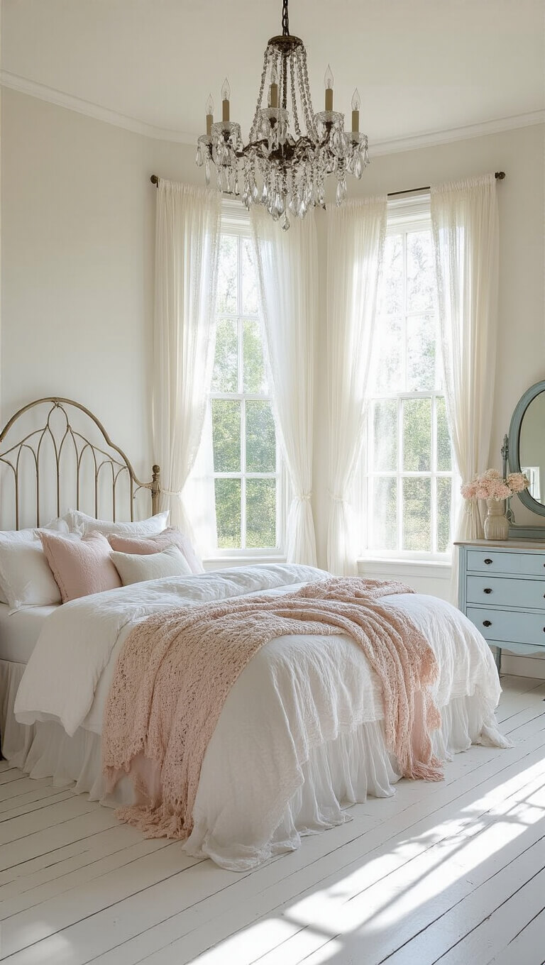 Sunlit vintage bedroom with iron king bed, layered soft linens, bay windows, crystal chandelier, and antique dressing table.