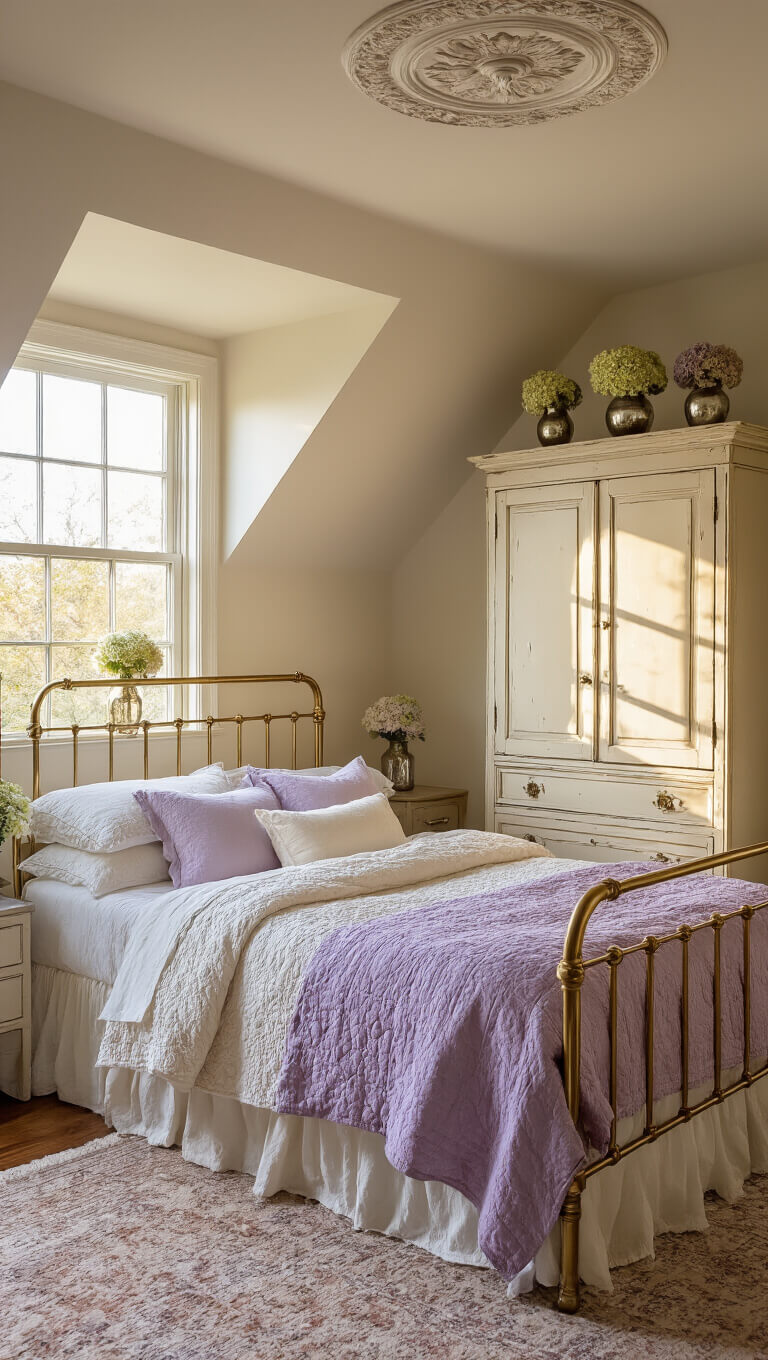 Cozy corner bedroom with brass bed, vintage quilts, cream armoire, and dried hydrangeas in golden hour light.