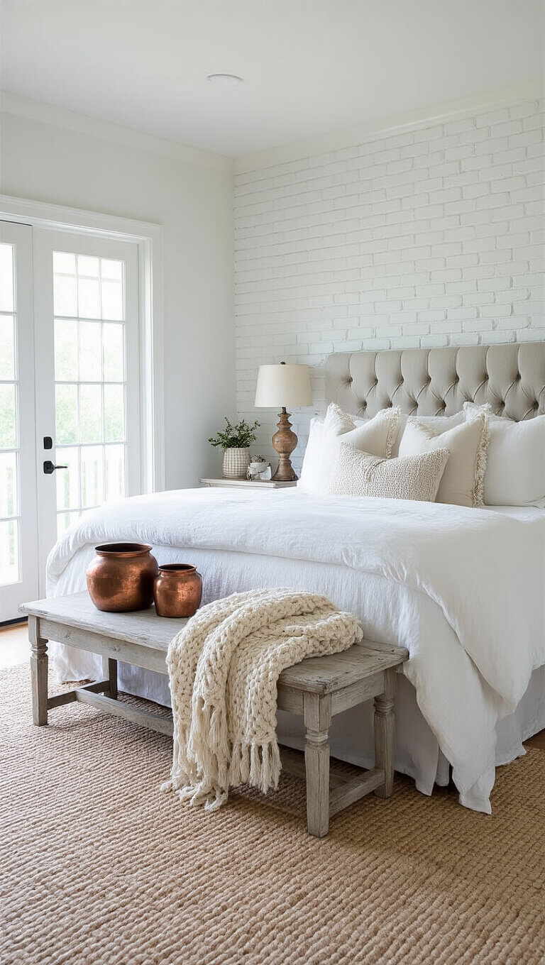 Spacious 16x18ft master bedroom with white brick accent wall, tufted gray headboard, layered white bedding, and French doors to balcony under soft overcast lighting.