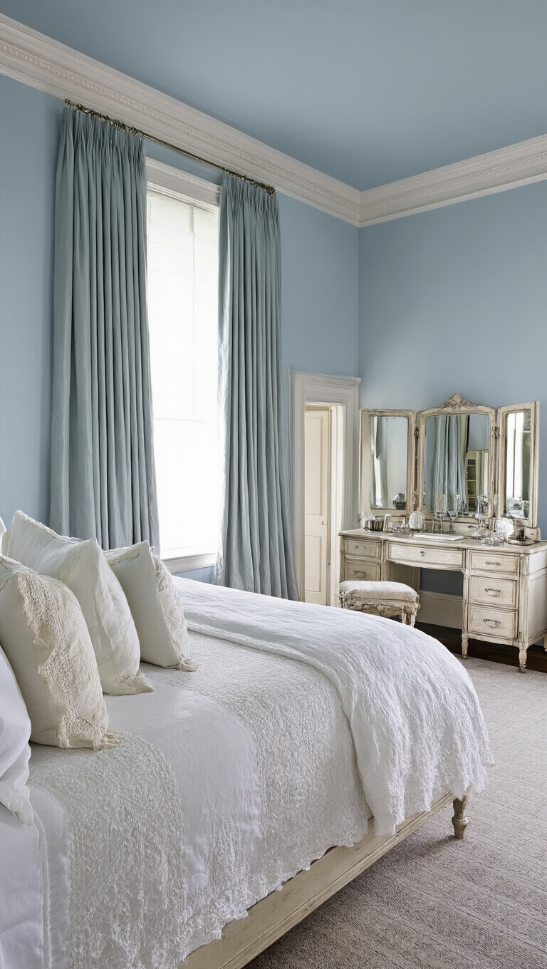 Elevated view of a 15x15ft primary bedroom at twilight with crown molding, queen ivory sleigh bed, lace pillows, antique vanity, and floor-length silk curtains glowing in cool blue tones.