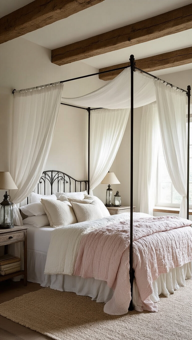 Cozy 13x14ft bedroom with exposed wooden beams, a wrought iron canopy bed draped in sheer white fabric, vintage French linens, and cream and pink quilts; weathered ladder displays blankets, mercury glass lanterns on bedside tables; mid-morning light casts dramatic shadows with close-up, shallow depth of field highlighting textures.