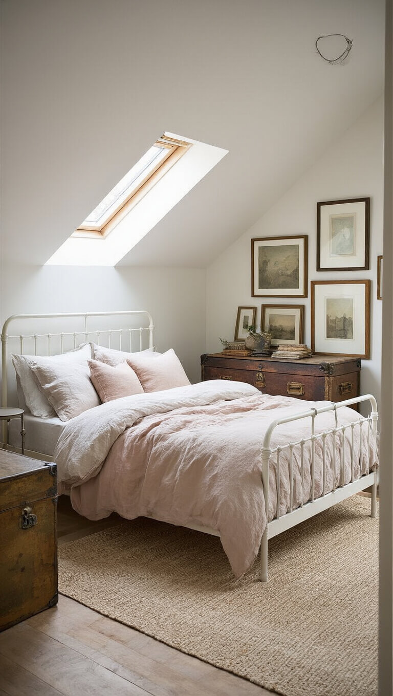 Bird's eye view of cozy 11x13ft attic bedroom with peaked ceiling, soft natural light, white metal bed with ecru and blush bedding, distressed trunk bedside table, and vintage picture frames on walls.