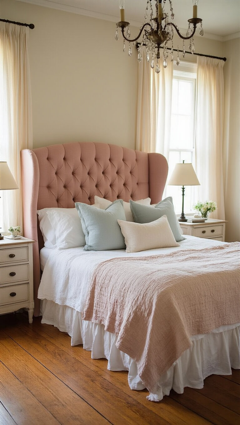 Golden hour light fills a 14x15ft bedroom with hardwood floors, a rose linen wingback bed layered in white and pale blue textiles, antique chandelier, and vintage bedside tables.