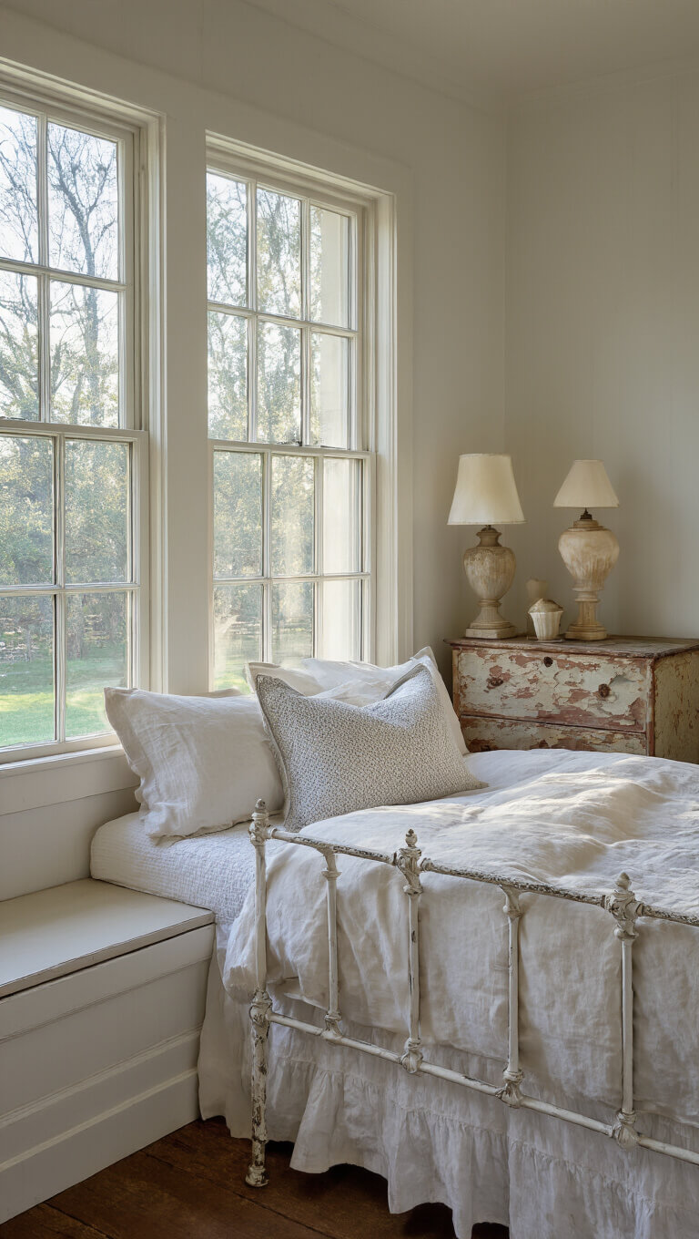 Vintage-inspired 12x14ft guest room with antique white iron bed, soft white and pale gray bedding, alabaster lamps, distressed wooden chest, and window seat bathed in moody early evening light.