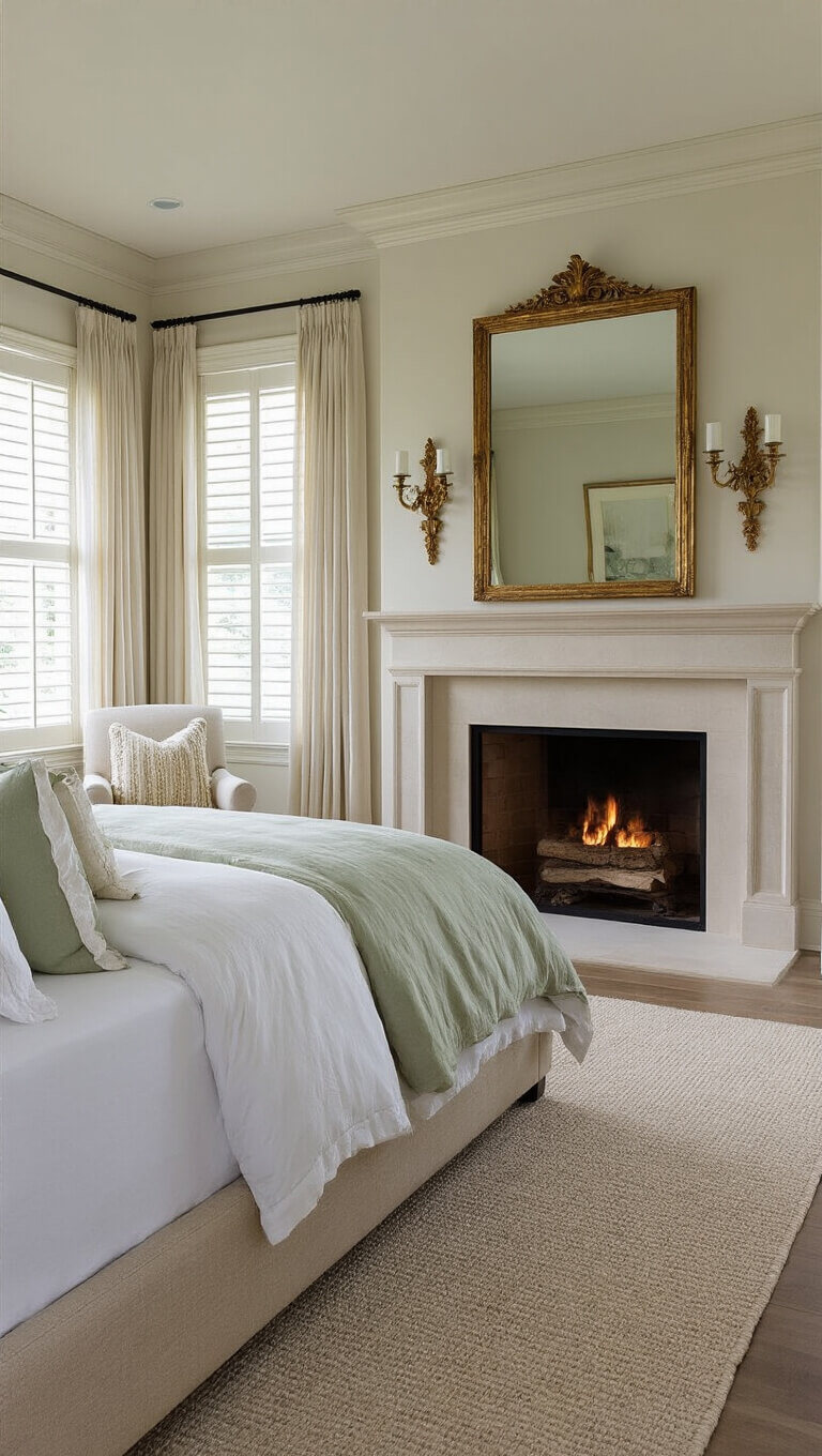 Elegant 16x16ft master suite with king upholstered bed, vintage bedding, fireplace with gilded mirror, crystal sconces, and diffused midday light through plantation shutters.