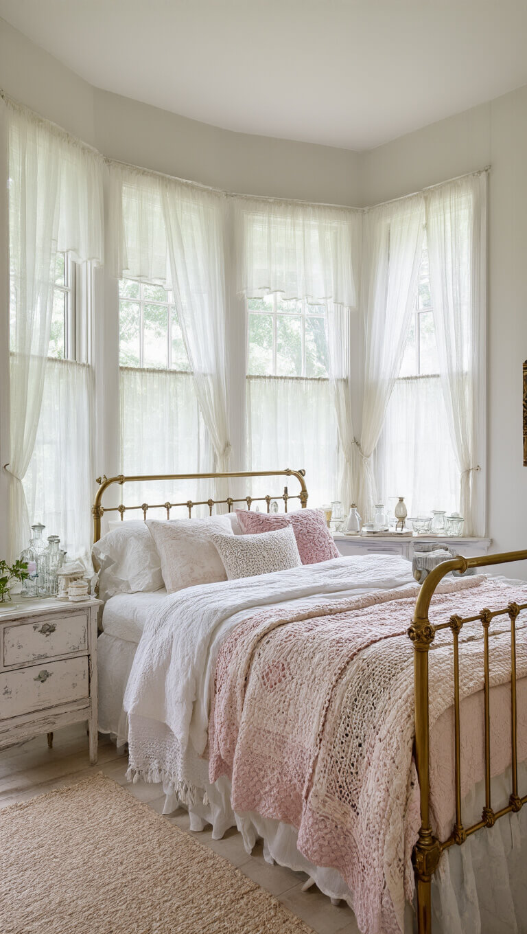 Low-angle view of a dreamy 13x15ft bedroom with tall ceilings, bay window reading nook, sheer curtains diffusing morning mist, patina brass bed with vintage white and pale pink quilts, distressed painted furniture, and milk glass collection on the windowsill.