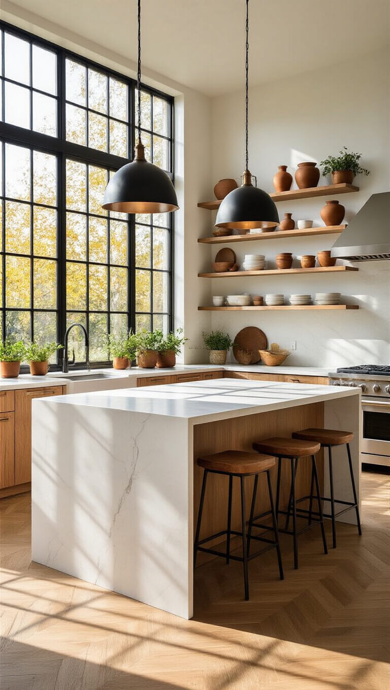 Modern sunlit kitchen with white quartz island, black pendants, walnut shelves, and herringbone wood floors during golden hour.