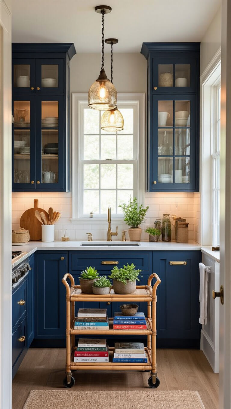 Low-angle view of a cozy 8'x12' galley kitchen at blue hour with navy blue cabinets, brass hardware, vintage glass pendant lights, recycled glass countertops, and a bamboo cart with cookbooks and succulents.