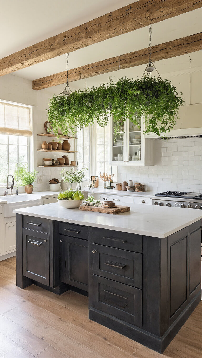 Farmhouse kitchen with exposed wooden beams, charcoal island, white cabinets, glass-front cupboards, and hanging herb garden in warm morning light.