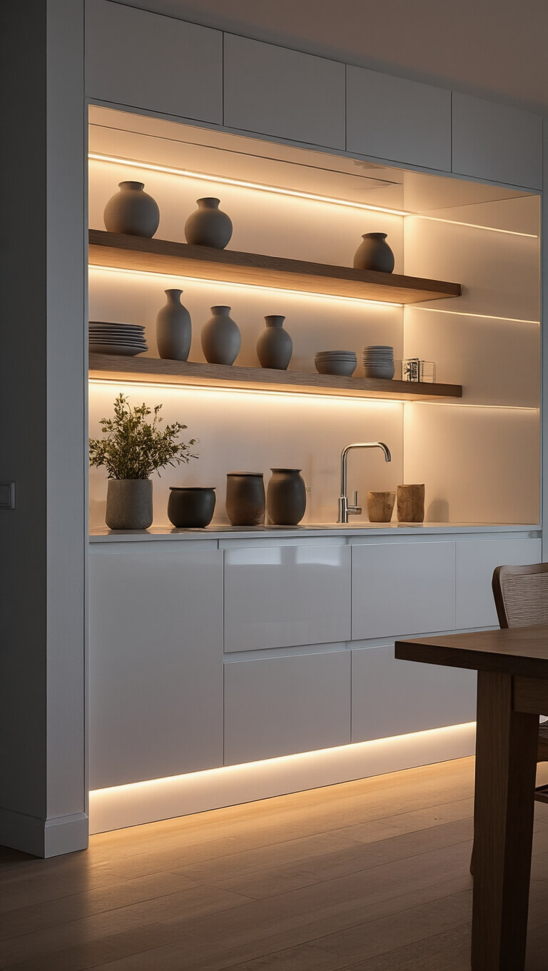 Minimalist 10x14 kitchen at dusk with glossy white cabinets, wooden floating shelves displaying monochrome ceramics, and dramatic LED lighting.