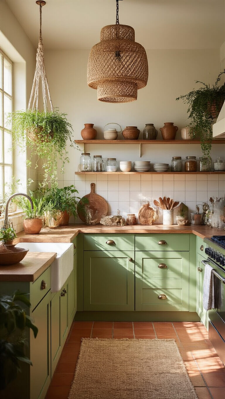 Bohemian kitchen with terracotta tiles, sage green cabinets, macramé plant hangers, vintage jars on open shelves, and rattan pendant lighting in warm afternoon light.
