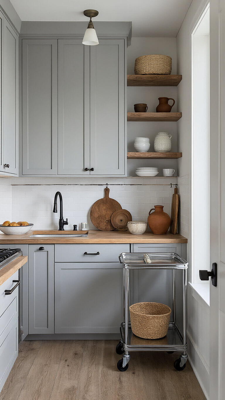 Compact 8x10 studio kitchen at dawn with soft grey ceiling-height cabinets, rolling steel prep cart, mixed metal fixtures, and pottery displayed on a floating shelf.