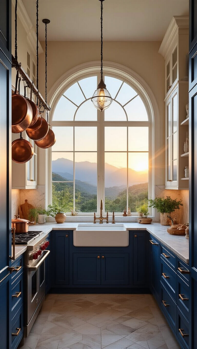 Mediterranean-style kitchen with arched window, deep blue and cream cabinets, copper pots, and sunset light on marble backsplash.