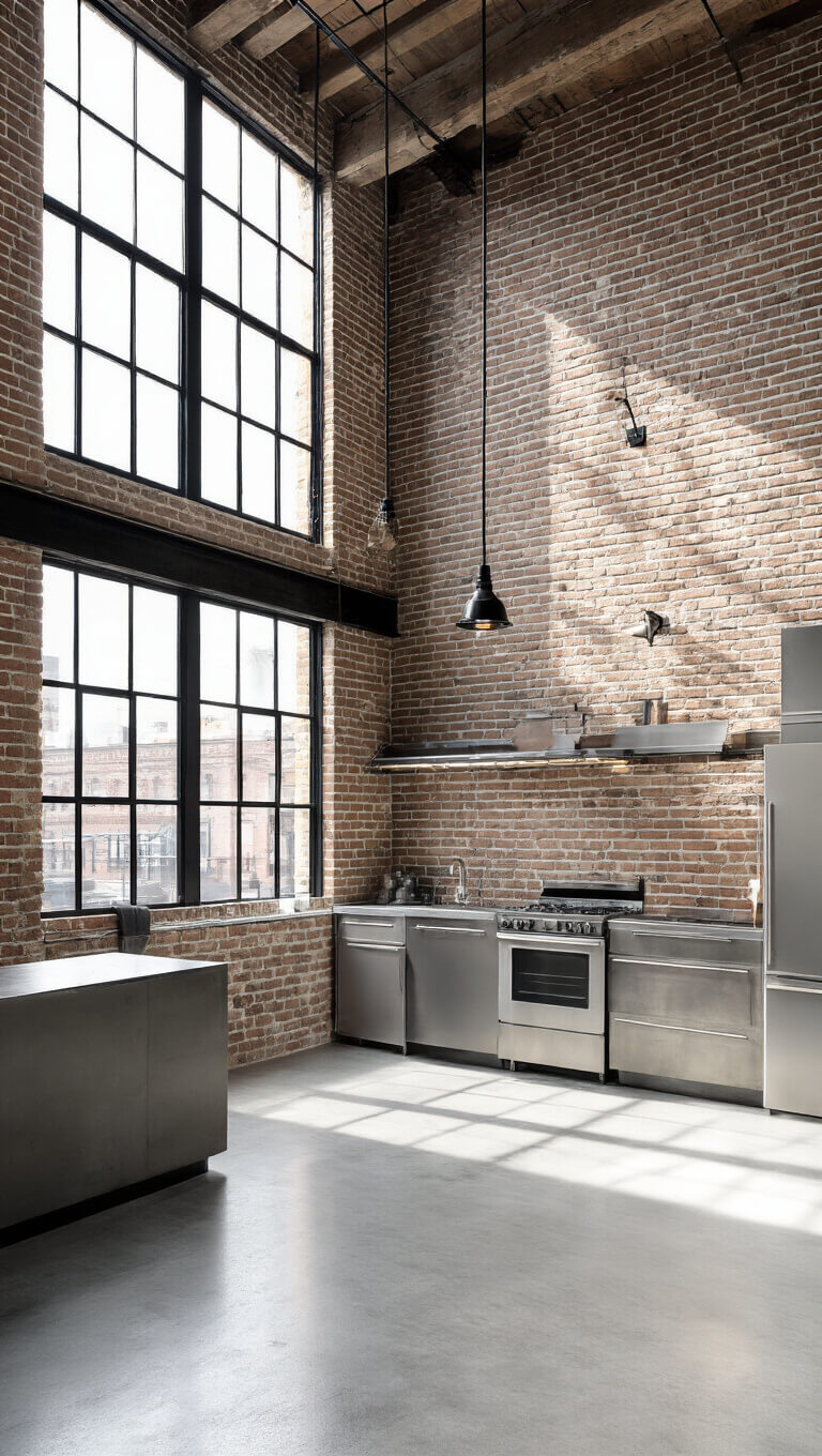 Industrial loft kitchen with exposed brick walls, concrete floors, and stainless steel appliances lit by vintage factory lights.