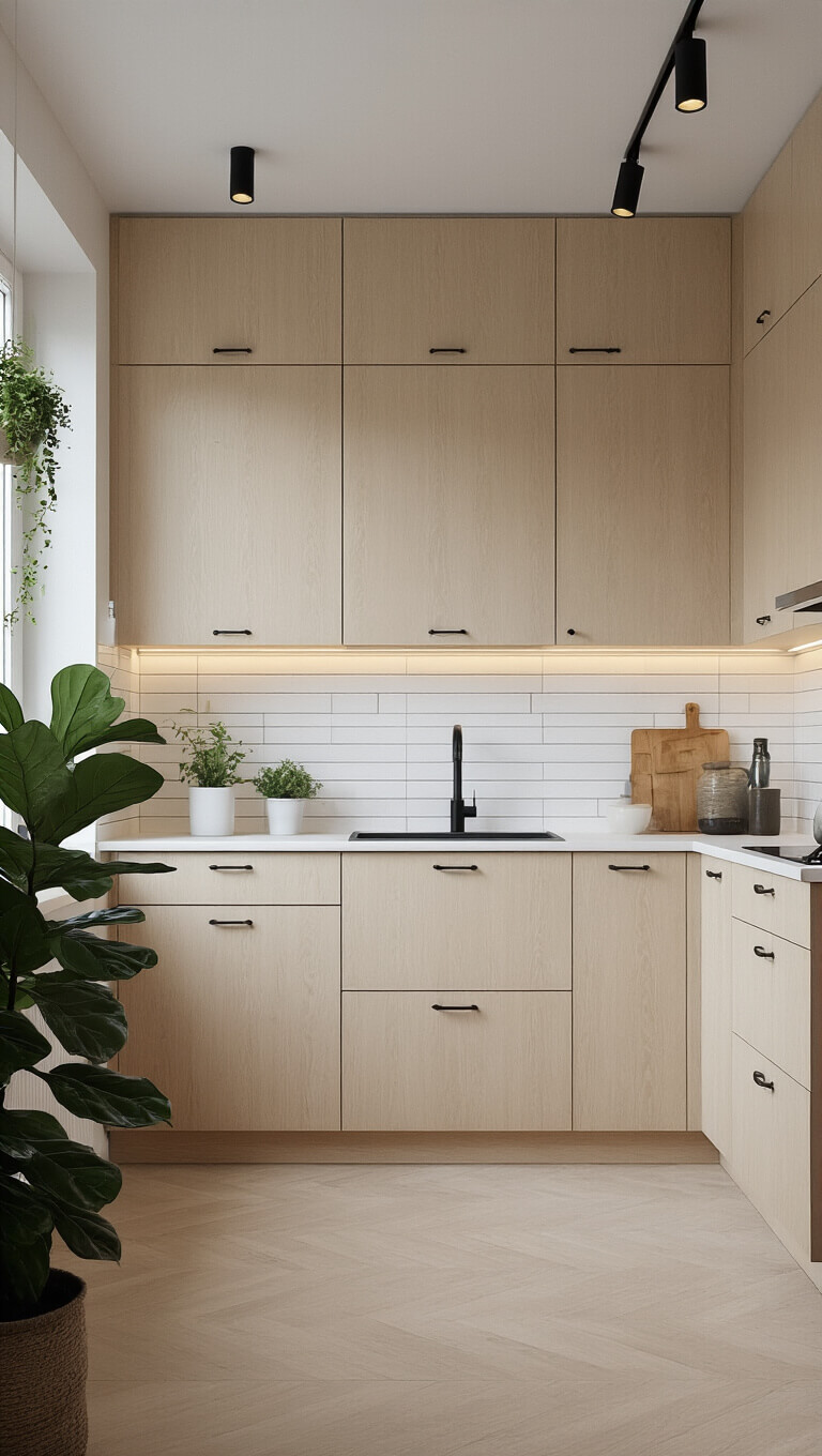 Scandinavian-minimal kitchen with pale wood cabinets, white subway tile walls, black light fixtures, and a fiddle leaf fig in soft dawn light.