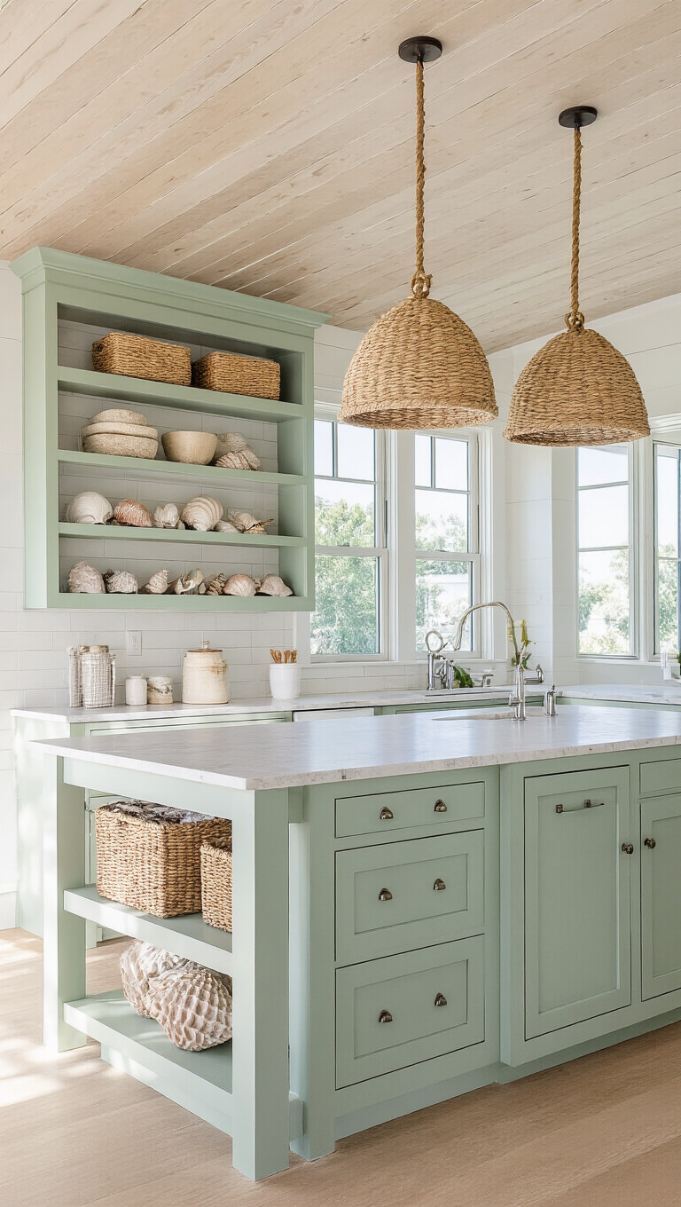 Low-angle view of a coastal kitchen with seafoam green cabinets, rope-wrapped pendant lights over a quartzite island, woven baskets above cabinets, and shells on open shelves under bright afternoon lighting.