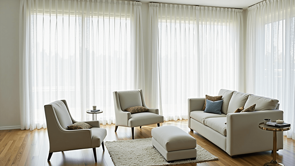 "White linen curtains streaming natural light in a minimalist, modern living room"