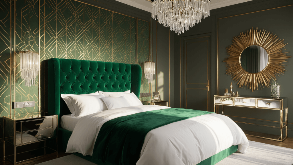 "Luxurious Art Deco bedroom with emerald velvet headboard, gold geometric wallpaper, crystal chandelier, white silk bedding, sunburst mirror, and chrome accents in moody evening light"