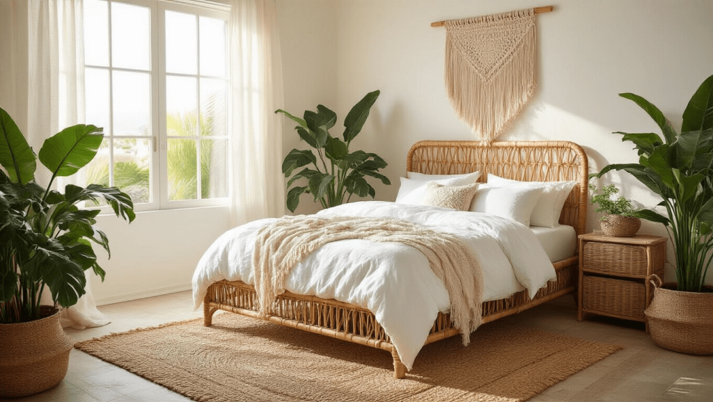 "Bohemian coastal bedroom with rattan bed, white linen, macramé wall hangings, monstera plants, and natural textures during golden hour"