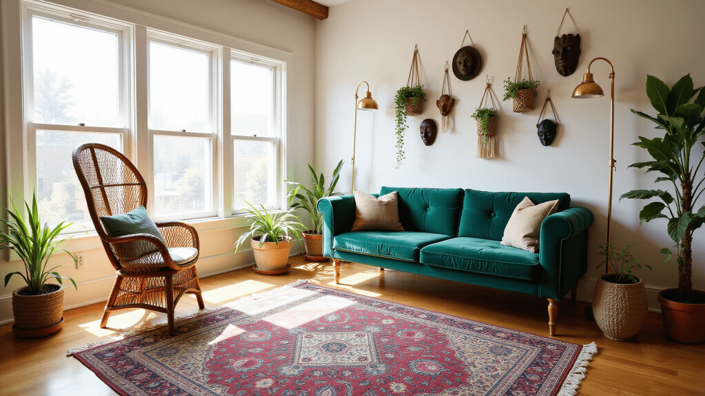 "Sunlit bohemian living room with a peacock rattan chair, green velvet sofa, Persian rugs, hanging plants, and tribal mask wall gallery"