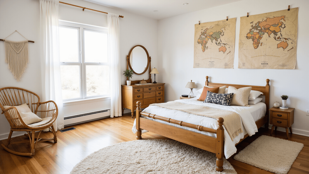 "Boho kids' bedroom with a warm sunlit atmosphere, featuring a natural wood bed, macrame wall hangings, vintage maps, plush rugs, rattan furniture, and earth-toned decor."