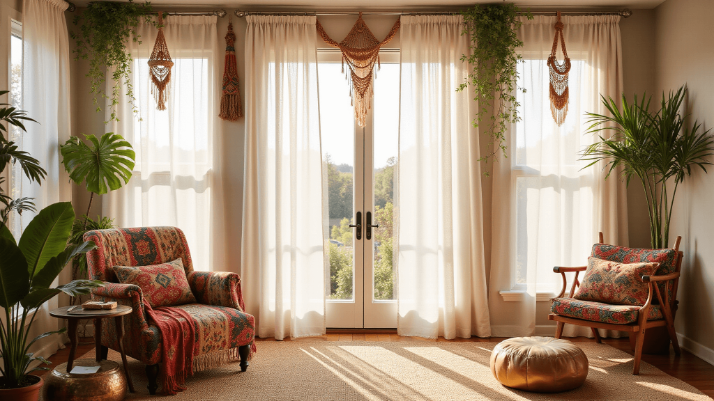 "Sunlit bohemian-themed living room with layered window textiles, macramé hangings, plants, and brass accents"