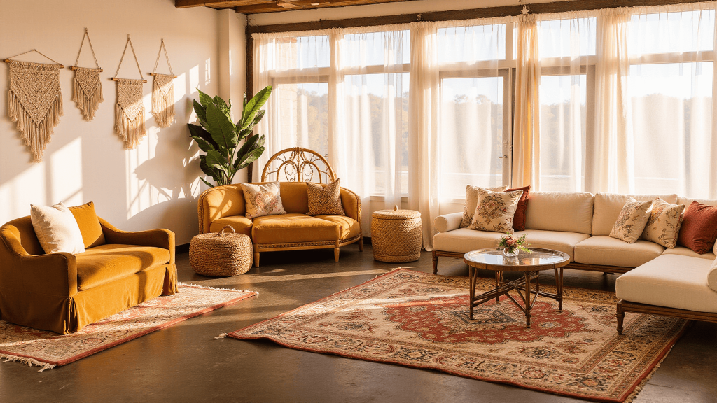 "Bohemian wedding venue with Persian rugs, velvet loungers, rattan furniture, macramé decorations, and amber lighting at golden hour"