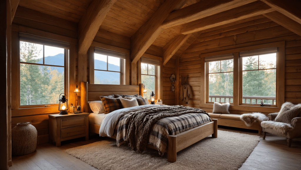 "Cozy mountain cabin bedroom with exposed wooden beams, king-size bed with plush bedding, lantern sconces, and forest-viewing windows during golden hour"