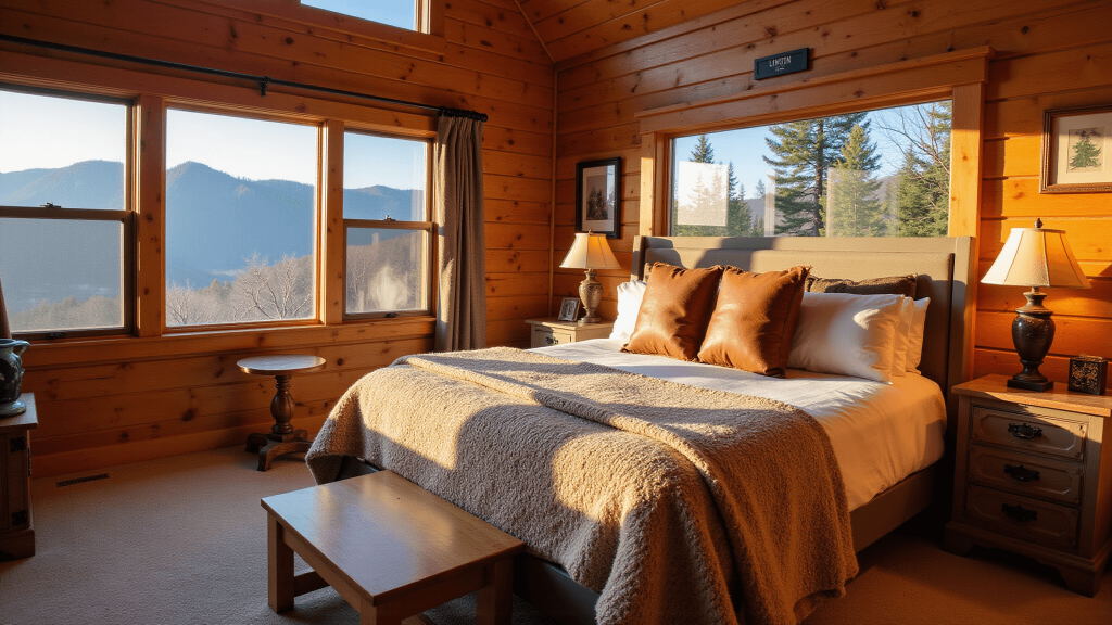 "Cozy cabin bedroom with rustic wood walls, queen bed with chunky knit throws and leather pillows, bathed in warm golden hour sunlight with a beautiful mountain view"