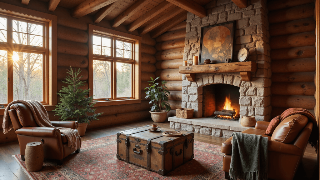 "Rustic cabin living room with stone fireplace, leather armchair, wooden beams, wool throws, and vintage trunk coffee table bathed in warm sunlight."
