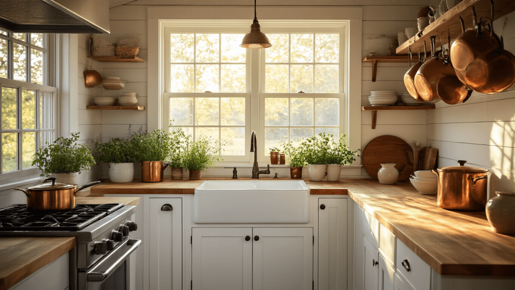"Cozy cabin kitchen with white shaker cabinets, butcher block countertops, and copper pots in warm golden hour lighting"