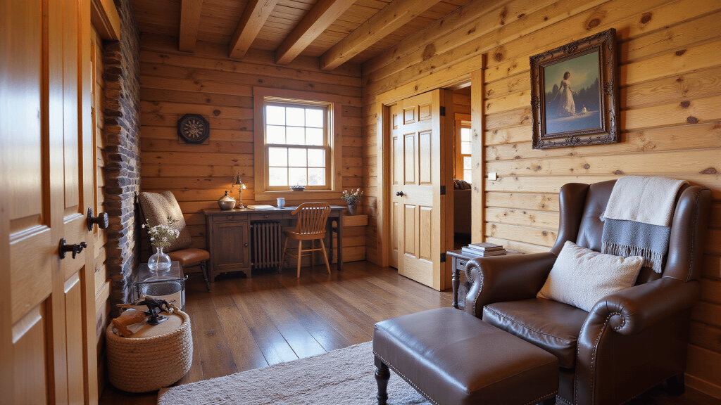 "Rustic wooden cabin interior with leather armchair, wool throws, and warm golden light"