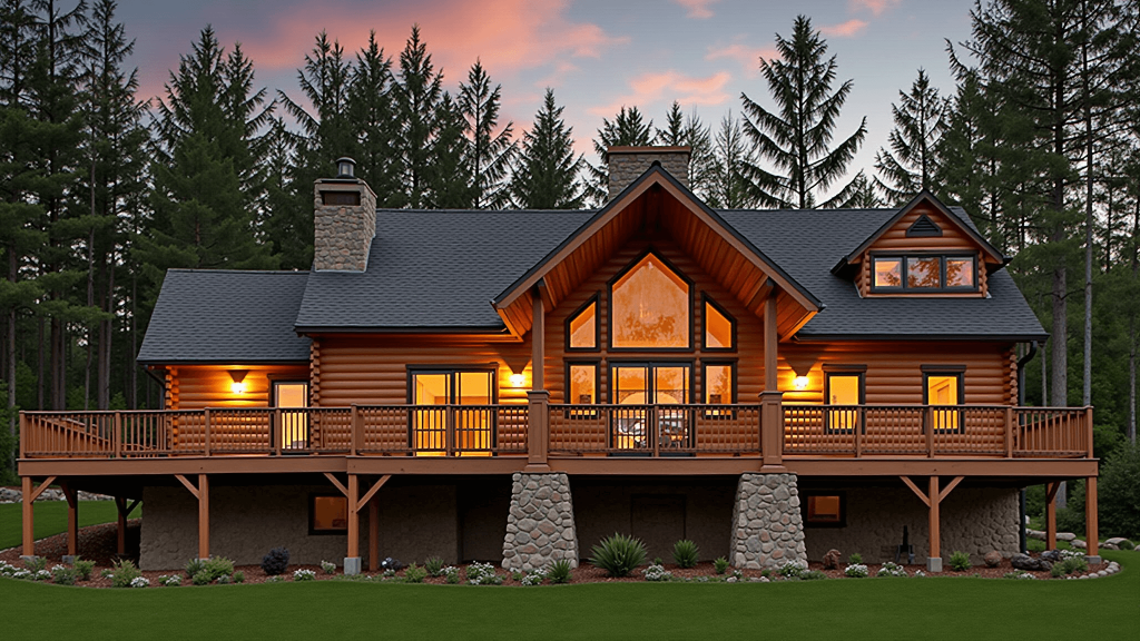 "Cozy log cabin with wraparound porch and black-framed windows, set against a forest backdrop, during golden hour."
