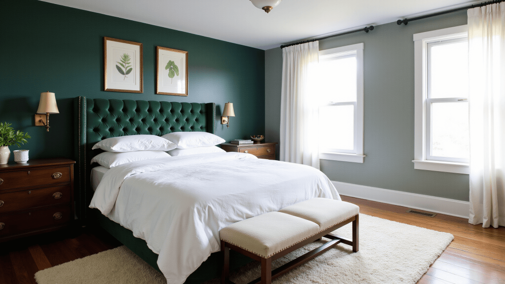 "Dark green bedroom with velvet headboard, brass accents, white linens in morning light"