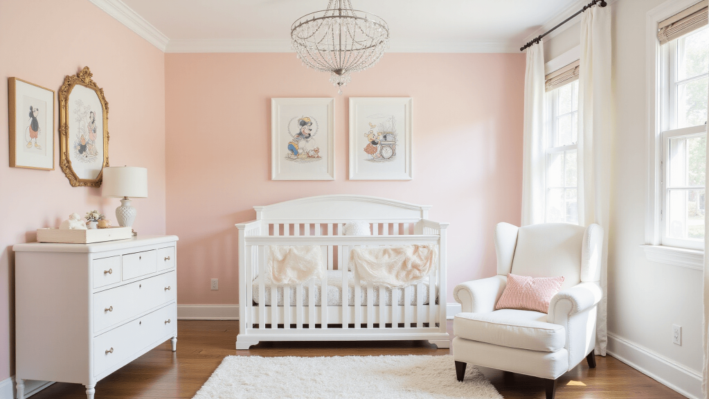 "Disney-themed nursery interior with pastel walls, Mickey Mouse silhouettes, vintage Winnie the Pooh artwork, a white modern crib, crystal chandelier, plush area rug, bathed in soft morning light"